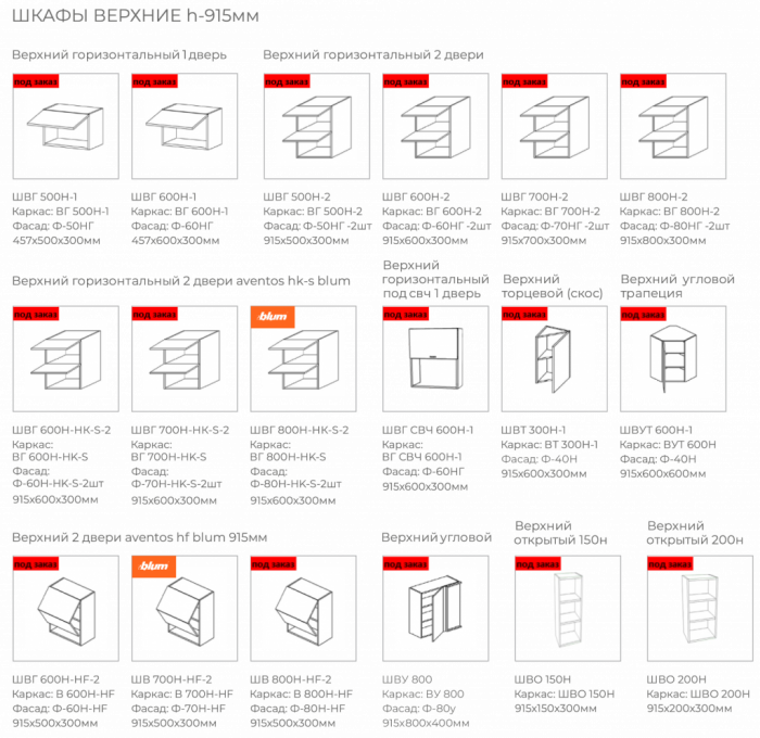 Шкафы верхние h-915мм